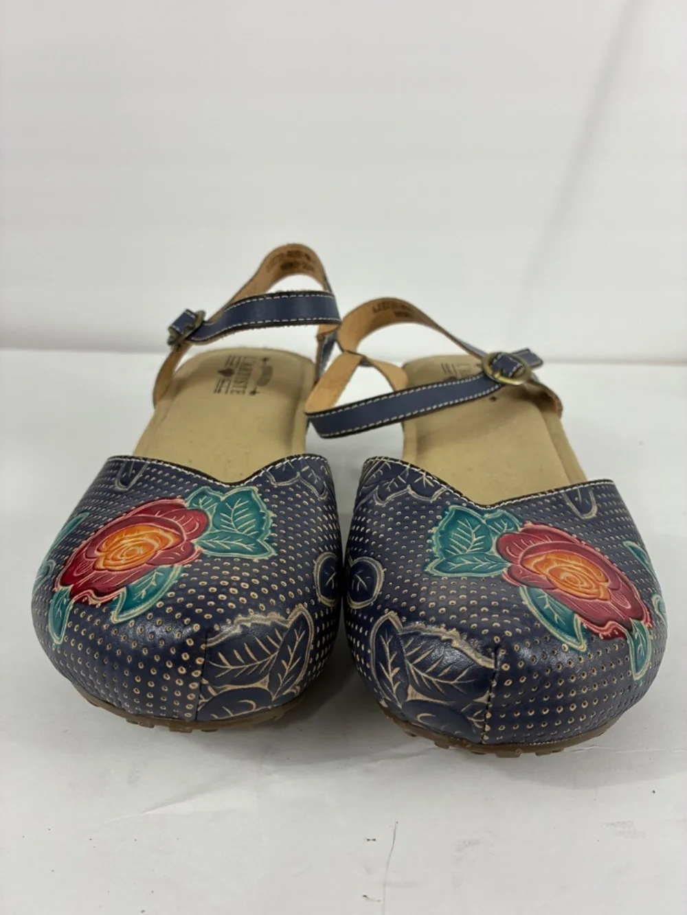 L'Artiste Lizzie Rose Shoes 9.5 10 Tooled Leather Navy Floral Boho Spring Step